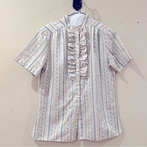 Vintage 70s Ruffle Yoke Short Sleeve Blouse